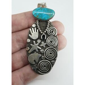 Alex Sanchez - Navajo Sterling Silver Petroglyph Turquoise Pendant - Necklace‎